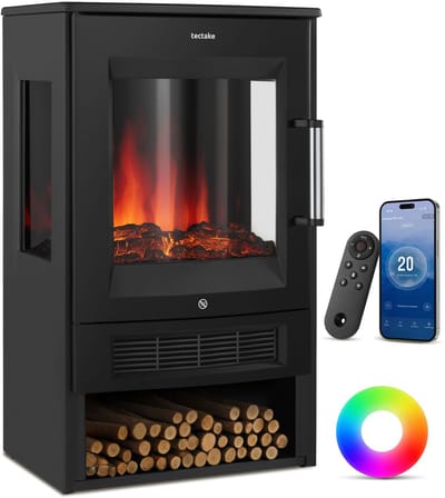 tectake® Elektrische Haard - Sfeerhaard - 900W & 1800W - Bediening met Afstandsbediening of App - Vrijstaand - Kachel - met Verwarming - Haarden - met Hout en Gloeieffecten - 3D Vlammen - Timer - 8 Kleuropties