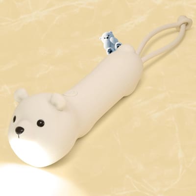 Siliconen zaklamp in de vorm van een ijsbeer, dimbaar en oplaadbaar, Geschikt voor kamperen, nachtwandelingen en gezinsgebruik, draagbare zaklamp met dierenthema (ijsbeer).