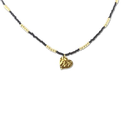 CO88 Collection 8CN-26288 Stalen Ketting met Kralen - Dames - Goudkleurig - 3 mm - Zwart - 2,5 mm - Hartje - 14 mm - Lengte 70 + 7 cm