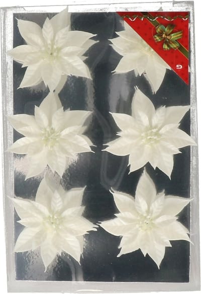 Gerimport Kerstboom bloemen op clip - 6x stuks - wit - kunststof - kerstornamenten