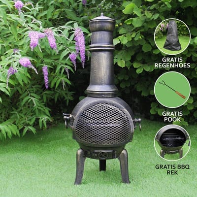 Gietijzeren tuinhaard - zwart - 48x50x110 cm - bbq-rek + regenhoes