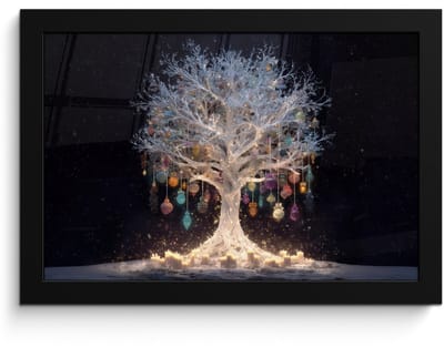 Poster in lijst - Fotolijst 30x20 cm - Posters - Sneeuwboom - Lichtjes - Wit - Kleurrijk - Posterlijst zwart - Decoratie - Wanddecoratie woonkamer - Muurdecoratie slaapkamer - Kerstversiering - Kerstdecoratie voor binnen - Kerstmis