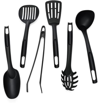 6‑delige Hittebestendige Nylon Keukengerei Set – Antikras - Zwart