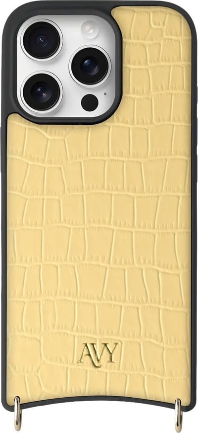 AVY Leren Hoesje geschikt voor Apple iPhone 16 Pro | Compatibel met MagSafe | Leather Case | Back Cover | Haakjes voor koord | Croco Geel