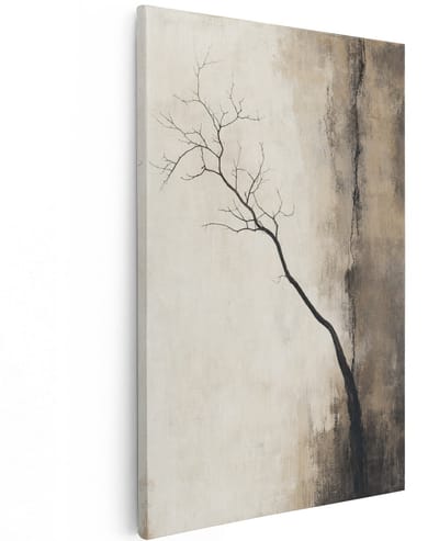Artaza Canvas Schilderij Abstracte Boom - Minimalistisch - Beige en Zwart - 60x90 cm - Wanddecoratie Woonkamer - Schilderijen - Muurdecoratie