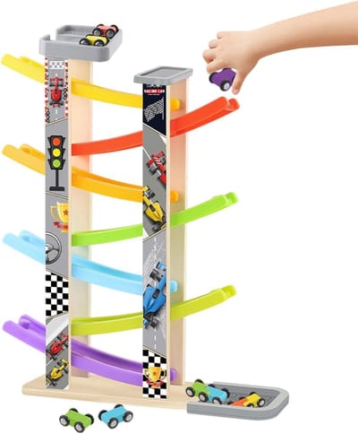 Houten Racebaan - Autobaan Speelgoed - Educatief Spel - Zeven Niveaus - 44 x 13 x 8 cm - Multicolor