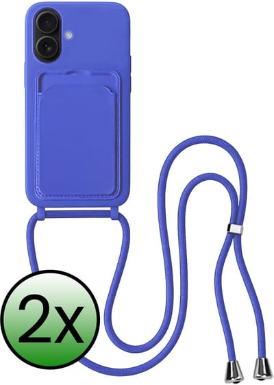 Hoes Geschikt voor iPhone 16 Plus Hoesje Pas Houder Case Hoes Met Koord - Hoesje Geschikt voor iPhone 16 Plus Hoes Met Telefoonkoord Pasjeshouder Cover - Felblauw - 2 Stuks