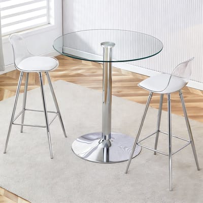 MODENUIT Barset 89 cm - Ronde Glazen Tafel En 2 Barkrukken - Voor Keuken En Bar - Glas Metaal - Zilver