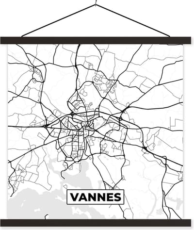 Posterhanger incl. Poster 60x60 cm - Schoolplaat - Stadskaart - Plattegrond - Kaart - Frankrijk - Vannes - Zwart wit - Textielposter - Zwarte latten - Stadskaart