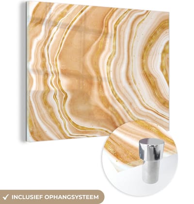 MuchoWow® Glasschilderij 120x90 cm - Schilderij acrylglas - Agaat steen - Goud - Edelstenen - Luxe - Foto op glas - Schilderijen