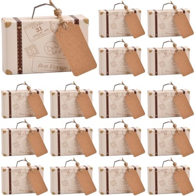 Dailygoods - Tibapla 50 stuks mini-koffers, gastgeschenken, bruiloftsdoosjes, 8 × 5 × 3 cm, vintage kraftpapier, geschenkdoos met labels en jute koord voor bruiloft, verjaardag, feest, doop, babyshower, babyshower