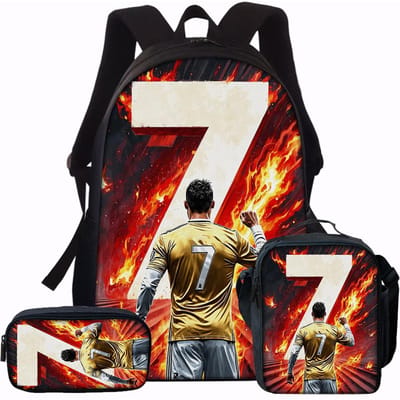 3 stuks Voetbal Vlam Print Rugzak Lichtgewicht Dagelijks Grote Capaciteit Schooltas Reistas met Schoudertas Etui Cadeau