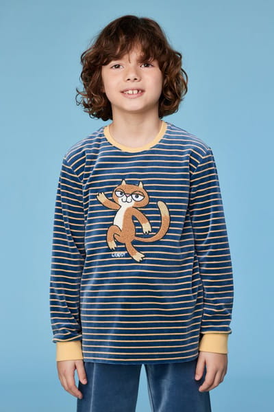 Woody Jongens-Heren pyjama antraciet-gele stree - maat 074/9M