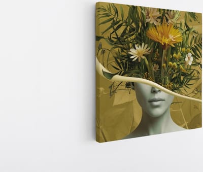 Saammp Canvas Schilderij - Vrouw met bloemen als hoofd - abstract - Kunst - 20x20 - Foto op canvas - Wanddecoratie - Muurdecoratie Woonkamer - Slaapkamer decoratie - Canvas Print