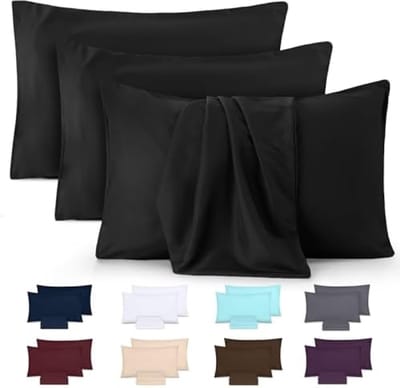Kussensloop Set van 4 - Zachte Geborstelde Microvezel Hoeslopen - Envelopsluiting - Krimp- en Kleurvast - 50 x 75 cm - Zwart