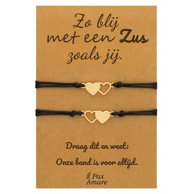 Vriendschapsarmbandjes voor 2 "Zo blij met een zus zoals jij" - Hartjes - Sisters Armbandjes met Cadeau Kaartje - Goudkleurig - Elastisch Verstelbaar - Pax Amare