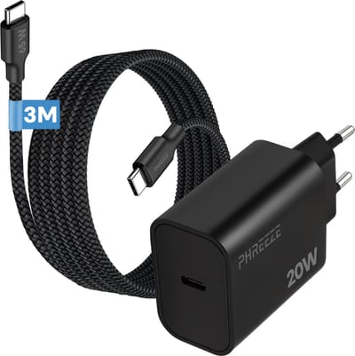 Phreeze usb C adapter 20 w met usb C naar usb C kabel 3 meter - Power Delivery snellader voor telefoon en tablet