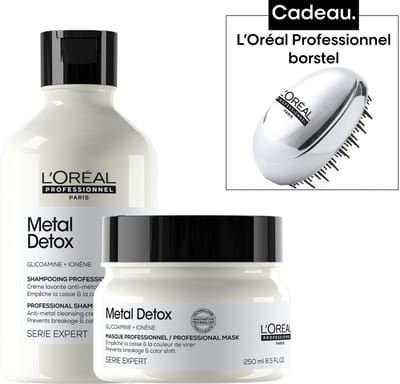 L'Oréal Professionnel Metal Detox Bundel + cadeau - Shampoo 300ml, Masker 250ml en Haarborstel cadeau - Voordeelverpakking