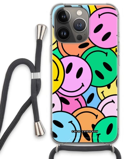 Case Company® - Hoesje met koord geschikt voor iPhone 13 Pro hoesje met Koord - Smiley N°1 - Telefoonhoesje met Zwart Koord - Bescherming aan alle Kanten en Over de Schermrand