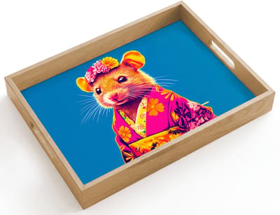 Dienblad hout 40x30 cm - Schootdienblad - Muis - Kimono - Bloemen - Blauw - Borrelplank rechthoek - Plateau dienbladen