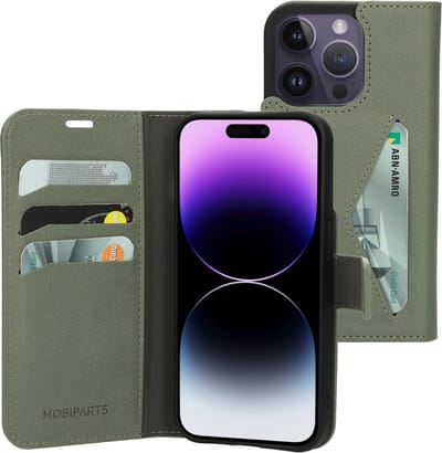 Mobiparts hoesje geschikt voor Apple iPhone 14 Pro - Wallet/Boekhoesje - Eco Leer - Magneet Sluiting - Opberg vakken - Groen