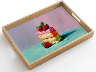 Dienblad hout 50x35 cm - Schootdienblad - Taartje - Aardbeien - Glazuur - Kleurrijk - Borrelplank rechthoek - Plateau dienbladen