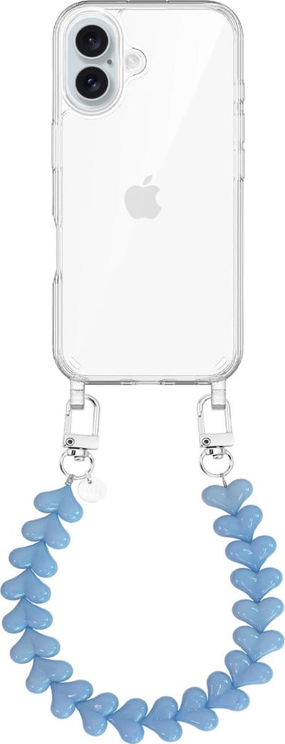 xoxo Wildhearts siliconen hoesje - Geschikt voor iPhone 16 Plus hoesje - Funky Hearts - Telefoonhoesje - Hoesje met koord - Lichtblauw koord - kort telefoonkoord - Hartjes ketting - Transparant hoesje