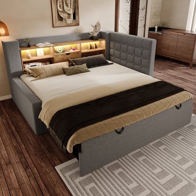 DESMIU Gestoffeerd Bed 90x200 cm – Uitschuifbed Met Ledverlichting En Oplaadpunten – Hoofdbord Met Opbergruimte – Jeugdkamer – Grijs – Zonder Matras