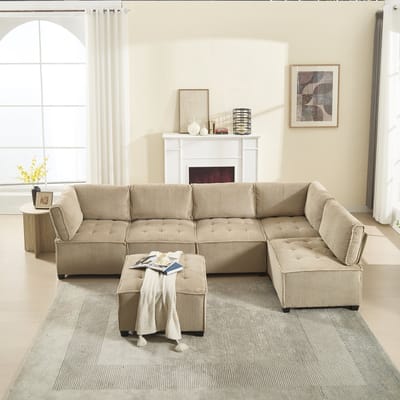 MODFU Modulaire 6-Zitsbank - Ergonomisch - Flexibel Combineerbaar - Voor Woonkamer - Ribstof - Khaki