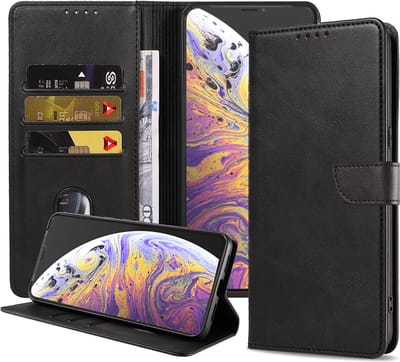 Geschikt voor iPhone Xs Max Telefoonhoesje Kunstleer met Magnetisch lipje en Pasjeshouder Book Case met Klepje - Zwart - Smartphonica geschikt voor iPhone Xs Max