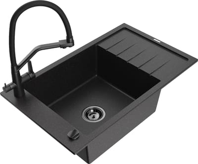 Mexen Elias granit gootsteen 1-vaks met afdruiprek en keukenkraan Duo, zwart/zilver metallic - 6511-73-671701-70-B
