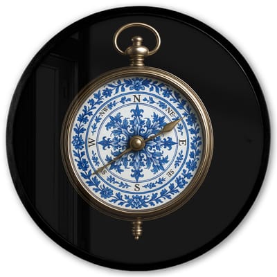Poster in lijst Rond - Fotolijst 40x40 cm - Posters - Kompas - Delfts blauw - Zwart - Ronde posterlijst zwart - Decoratie - Wanddecoratie woonkamer - Muurdecoratie slaapkamer