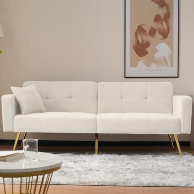 Slaapbank 175x64x72 cm - 2-zits Sofa Bed met Bedfunctie - Verstelbare Rugleuning met Opbergvakken en Kussens - Luxe beige Bank met Gouden Poten - Vermissen