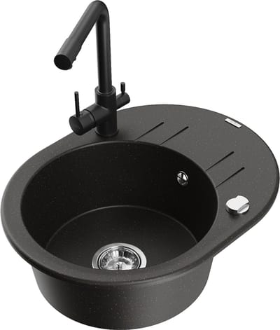 Mexen Kevin granieten gootsteen 1-komorige met afdruiprek en keukenmengkraan Duero, zwart/goud metallic - 6517-75-671600-70