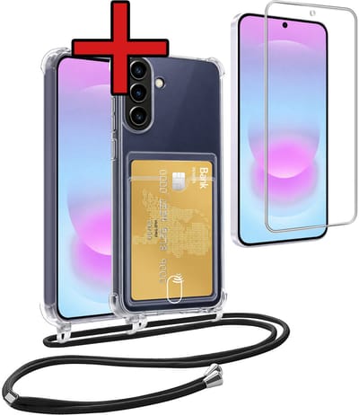 Hoesje Geschikt voor Samsung A37 Hoesje Met Telefoonkoord en Pasjeshouder Met Screenprotector Siliconen - Hoes Geschikt voor Samsung Galaxy A37 Hoesje Met Kaarthouder Shock Proof Case - Transparant
