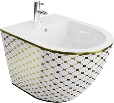 LAVITA® Bidet SOFI CHECKED Wandbidet - 365x490x325 - Goud/wit glanzend - Gatafstand: 18 - Hangbidet voor intieme douche - Moderne Toiletdouche - Billendouche met kraangat en met overloop