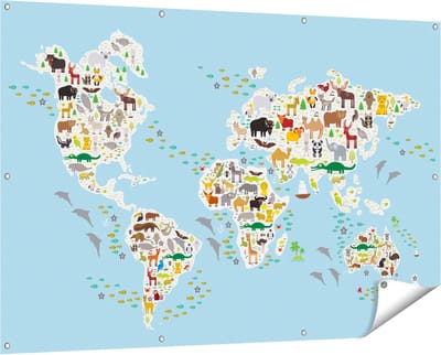 Gards Tuinposter Wereldkaart met Dieren - 150x100 cm - Tuindoek - Tuindecoratie - Wanddecoratie buiten - Tuinschilderij