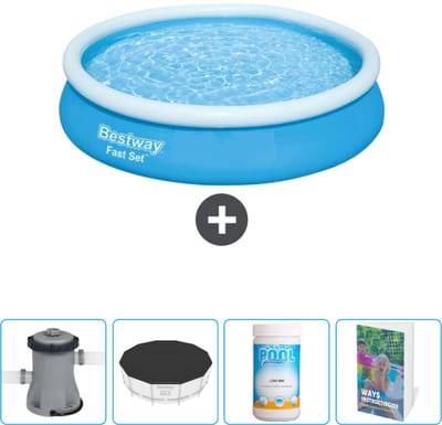 Bestway Rond Opblaasbaar Fast Set Zwembad - 366 x 76 cm - Blauw - Inclusief Pomp - Afdekzeil - Chloor - Zwembadgids