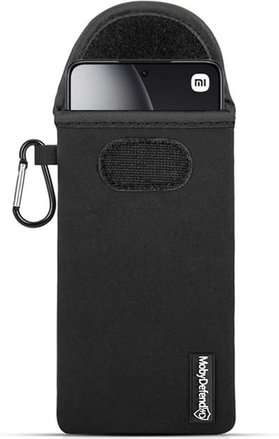 MobyDefend Hoesje - Geschikt voor Xiaomi 14T - Neopreen Pouch Met Karabijnhaak - Insteek - Riemlus - Zwart