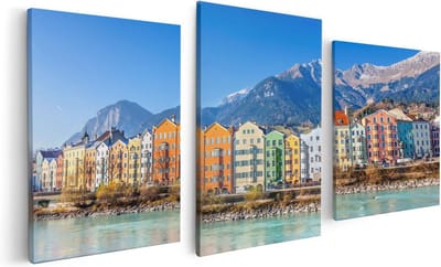 Artaza Canvas Schilderij Drieluik Gekleurde Huisjes in Innsbruck, Oostenrijk - 120x60 - Foto Op Canvas - Canvas Print