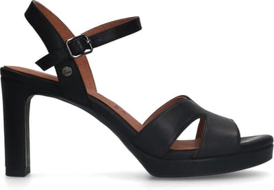 No Stress - Dames - Zwarte leren sandalen met hak - Maat 39