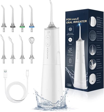 Waterflosser-Monddouche-Draagbare Mondirrigator-Tandirrigator met 8 Nozzles en 5 Standen-Waterdicht 300ML USB-C Oplaadbaar -WIT.