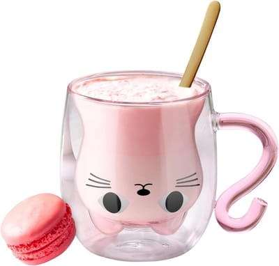 Schattige kattenmok met dubbele wand, geïsoleerde glazen espresso- en cappuccinokopjes, ideaal voor melk, thee en latte, perfect voor kattenliefhebbers