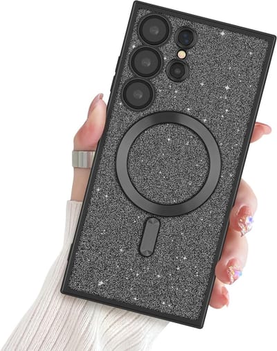 Hoesje Geschikt Voor Samsung Galaxy S23 Ultra Magsafe hoesje Zwart - Lens beschermer glitter backcover
