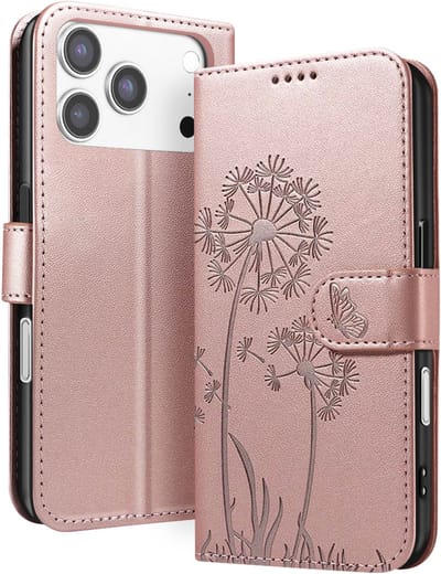 Zanae, Portemonnee Hoesje Geschikt voor Apple iPhone 17 Pro Premium Design Bloemen Vlinder, Champagneroze