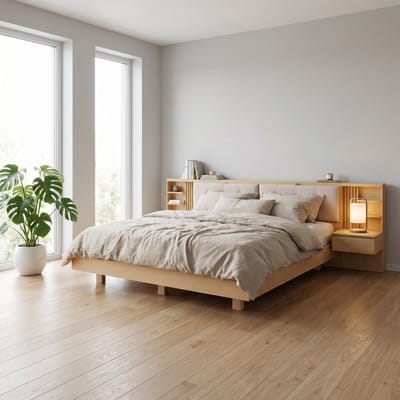 MODFU - Zwevend Bedframe - Opberg Hoofdbord En Usb-Oplaadpunt - Modern - Slaapkamer - Bewerkt Hout - Naturel - 180 X 200 Cm