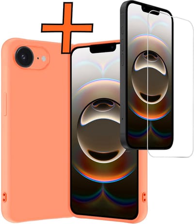 Hoes - Met Screenprotector - Geschikt voor Apple iPhone 16e - Sterk & Shockproof - Back Cover - Siliconen Case - Telefoon Hoes - Perzik