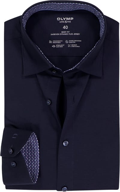 OLYMP 24/7 Level 5 body fit overhemd - tricot - marine blauw - Strijkvriendelijk - Boordmaat: 41