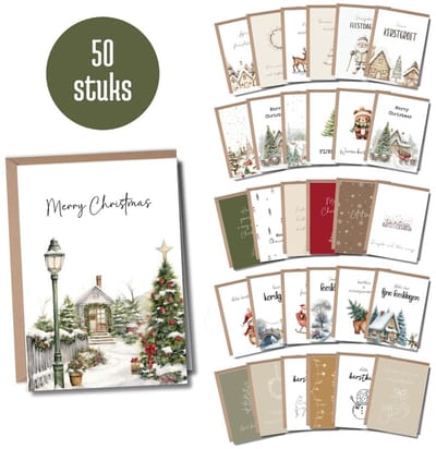 Luxe Kerstkaarten Set - 50 Wenskaarten met Enveloppen - A6 formaat - Kerstkaartjes - 50 stuks - Nieuwjaarskaarten - Duurzaam - Blanco - Nederlands