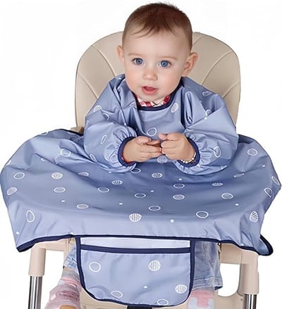 YAGXIG Babyrompertje met slabbetje - Wasbaar - Eendelig placemat - Waterdicht - Sneldrogend - Lange mouwen - Kan aan kinderstoelen en tafels worden bevestigd - Geschikt voor baby's die beginnen met vast voedsel - Blauw